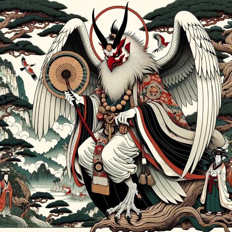 Tengu (天狗?, heavenly dog) are a type of legendary creature in Japanese folk religion, and they are also considered Shinto gods (kami) or yōkai. Although their name contains the. Shinto Gods, Japanese Yokai, Japanese Mythology, Red Mask, Japanese Folklore, Legendary Creature, Japanese Woodblock Printing, God Art, Visionary Art