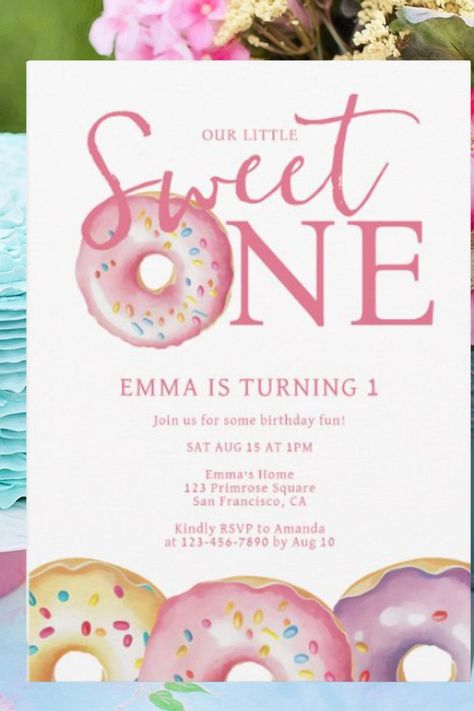 Donut Sweet One 1st Birthday Party Invitation Sweet One 1st Birthday, Donut Themed Birthday Party, Birthday Donuts, Purple Girl, Pink Donut, 1st Birthday Party Invitations, First Birthday Party Themes, First Birthday Themes