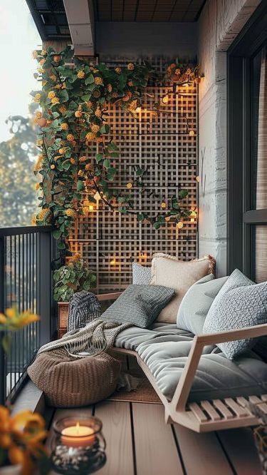 Gray Balcony Ideas, Cozy Balcony Decor, Balcony Seating Ideas, Balcony Lighting Ideas, Patio Vibes, Balcony Seating, Rental Friendly, Cozy Balcony, Condo Balcony