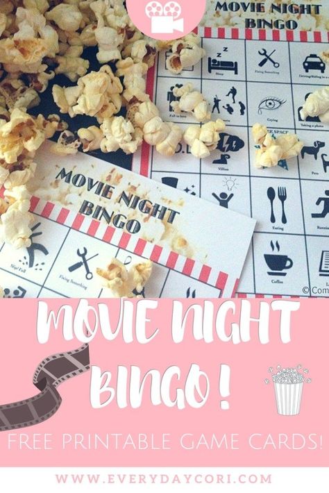 Family Movie Night Idea: Movie Bingo [ With Free Printables! ] #FamilyNight #FamilyMovie #Bingo #KidsActivities #DIY #Parenting Family Game Night Basket, Movie Night Printables, Movie Bingo, Kids Game Night, Best Family Board Games, Printable Bingo Games, Bingo Night, Home Movie, Free Printable Games