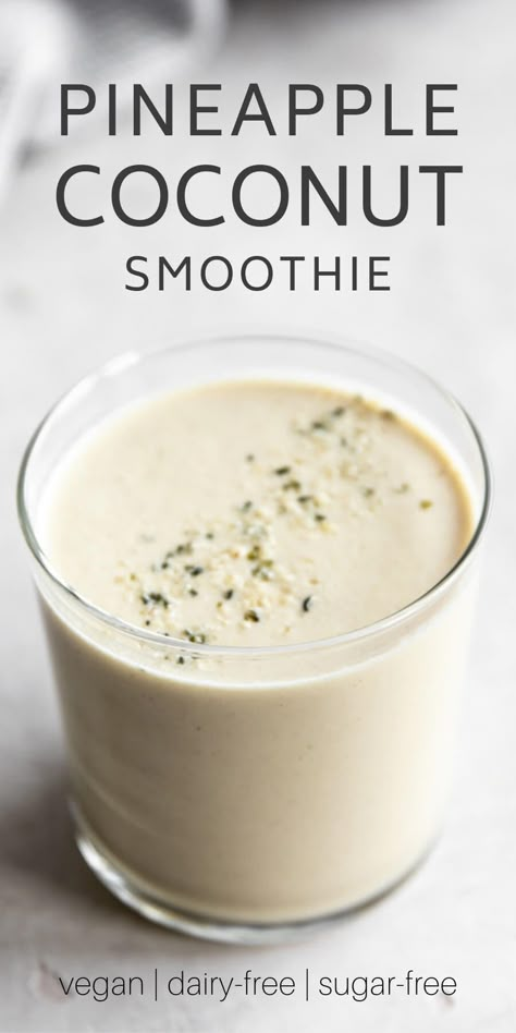 The pineapple coconut smoothie is made from a delicious combination of pineapple, coconut milk, hemp seeds, and coconut water. It's creamy, filling, and a refreshing way to kick off the day! Pineapple Coconut Smoothie Recipes, Pineapple Breakfast, Smoothie Pineapple, Pineapple Coconut Smoothie, Smoothie Benefits, Coconut Smoothie Recipe, Recipes Protein, Smoothies Vegan, Recipe Smoothie