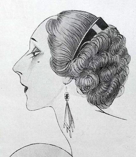 Art Deco fashion illustration showing the bandeau style comb Art Deco Sketches Drawing, Vintage Face Drawing, Vintage Art Sketches, 1920s Art Style, Combing Hair Reference, Fashion Face Illustration, 1920s Character Design, Art Deco Tattoos, 1920 Illustration