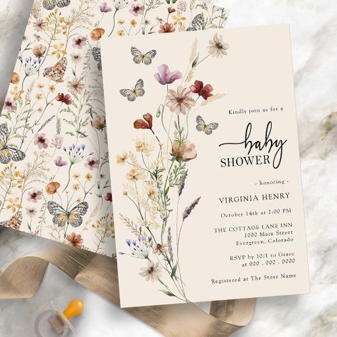 $2.82 | Boho Floral Butterfly Baby Shower | Baby Shower Invitations | wildflower baby shower, watercolor floral, gender neutral, girl invite, rustic boho floral, elegant script calligraphy, sage brown tan rust terracotta, bohemian flowers, a little butterfly, whimsical pattern Garden Butterfly Baby Shower Theme, Baby Shower Ideas August, Baby Shower Earthy Theme, Floral Themed Baby Shower Ideas, Baby Shower Themes Butterflies, Fall Wildflower Baby Shower Theme, Boho Wildflower Baby Shower Ideas, Wildflower Baby Shower Invitation, Vintage Floral Baby Shower Ideas