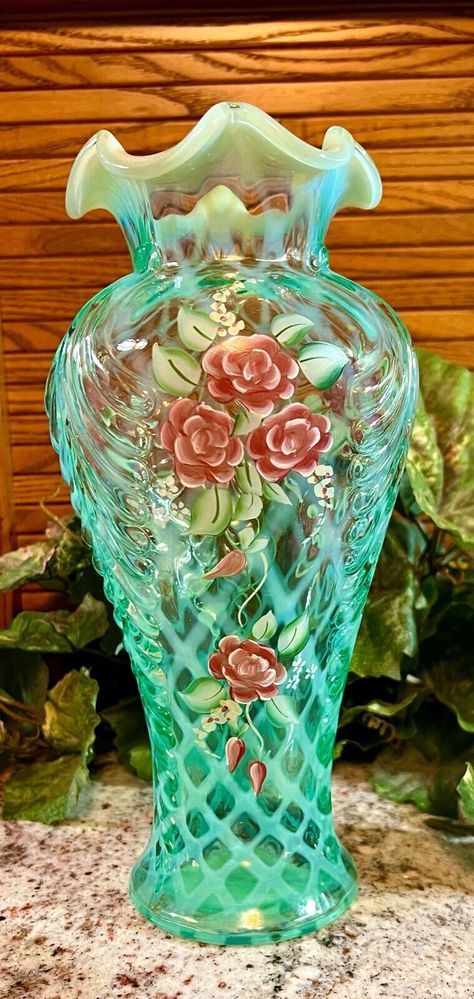 Fenton Vases, Pretty Vases, Fenton Lamps, Antique Stuff, Beautiful Glassware, Rose Trellis, Fenton Glassware, Hand Blown Glass Art, Gorgeous Cats