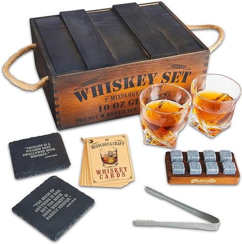 If you love a tipple, this whiskey glass set is the perfect accompaniment. 2 stylish glasses paired with 8 granite chilling rocks to keep your bourbon cool without impairing the flavor. Cocktail Cards, Whiskey Quotes, Whiskey Gift Set, Gift Set For Men, Prize Gifts, Whiskey Cocktail, Whiskey Set, Whiskey Stones, Good Whiskey