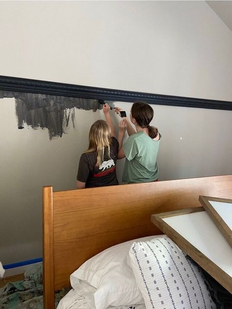 Master Bedroom Accent Wall | Hometalk Black Stair Railing, Black Accent Wall, Bedroom Accent Wall, Black Stairs, Black Accent Walls, Wood Putty, Accent Wall Paint, Headboard Wall, Bedroom Accent