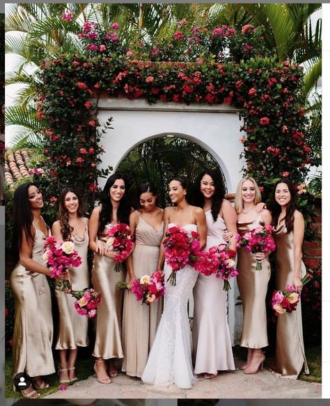 Latin Inspired Wedding Dress, Gold Bridesmaids Dresses, Latin Inspired Wedding, Spanish Style Weddings, Spanish Themed Weddings, Bougainvillea Wedding, Latin Wedding, Spanish Style Wedding, Mexican Inspired Wedding