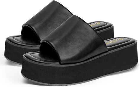 Sandals Y2k, Black Slide Sandals, Chunky Black Sandals, Platform Wedges Shoes, Black Platform Sandals, Casual Wear Women, Black Slides, Shoe Last, Chunky Sandals