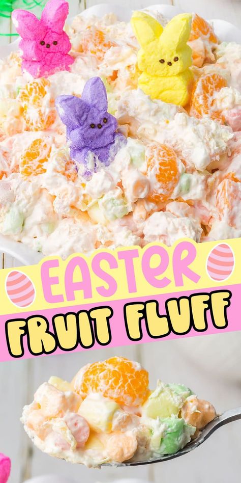 Fruit Fluff Salad, Easter Fruit Salad, Fruit Fluff, Easter Salad Recipes, Easter Salad, Easter Deserts, Fluff Salad Recipes, Easter Fruit, Easter Marshmallow