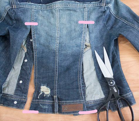 Sew Much Love, Mary: Madewell Inspired Distressed Denim Jacket Refashion How To Alter A Denim Jacket, Diy Jackets For Women, Repurpose Denim Jacket, Sew Denim Jacket, Upcycled Denim Jacket Altered Couture, Denim Refashion Diy, Altered Jean Jacket, Repurposed Jean Jackets, Denim Jacket Embellishments