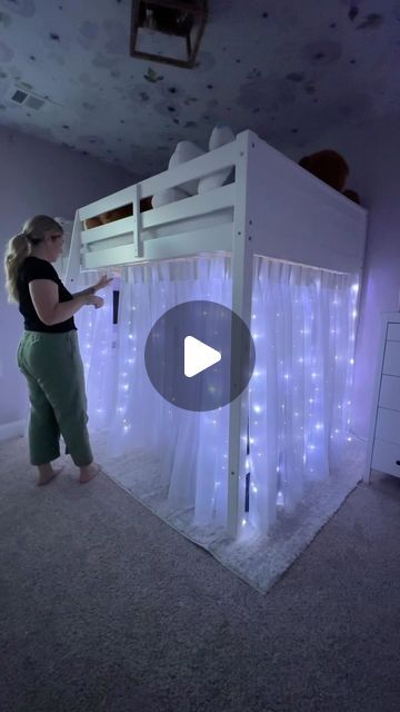 Curtain On Loft Bed, High Bed With Curtains, Curtains Bunk Bed, Under Cabin Bed Den Ideas, 2 Beds Small Room, Bunk Bed With Curtains Around It, Girls Room With Loft Bed Ideas, Bedroom With Loft Bed Ideas, Tuffing Loft Bed Ideas Ikea