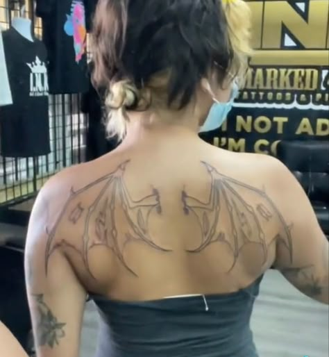 Back Tattoo Bat Wings, Bat Wing Neck Tattoo, Demon Wings Tattoo On Back, Bat Wings Back Tattoo, Symmetrical Neck Tattoo, Bat Wing Tattoo Back, Bat Wings Tattoo On Back, Back Wings Tattoo, Bat Wings Tattoo