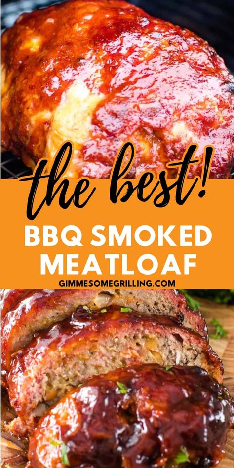 Cheesy BBQ Smoked Meatloaf is full of smokey flavor, BBQ sauce and cheese. This is an easy smoked meatloaf loaded with flavor. The best easy dinner on your electric smoker. Meatloaf In The Smoker, Cheese Stuffed Smoked Meatloaf, Cooking On A Smoker, Smoked Bbq Meatloaf, Meat On The Smoker, Recipes On The Smoker, Pellet Grill Meatloaf Recipes, Food On Smoker, Meatloaf On The Smoker