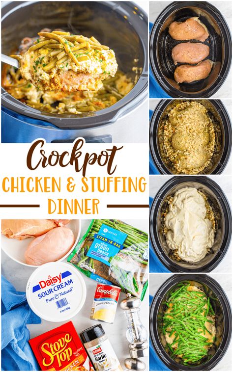 This Crock Pot Chicken and Stuffing Dinner is a whole meal in one. Chicken breasts, cream of chicken, sour cream, green beans and stuffing. Easy and delicious! Crock Pot Chicken And Stuffing With Green Beans, Crock Pot Chicken Stuffing Green Beans, Slow Cooker Chicken Stuffing Green Bean Casserole, Chicken Green Beans And Stuffing Crockpot, Chicken Stuffing Veggies Crockpot, Chicken Green Bean Stuffing Casserole Crock Pot, Creamy Crockpot Chicken Stuffing And Green Beans, Chicken Stuffing And Green Bean Crockpot, Chicken Green Bean Stuffing Crockpot