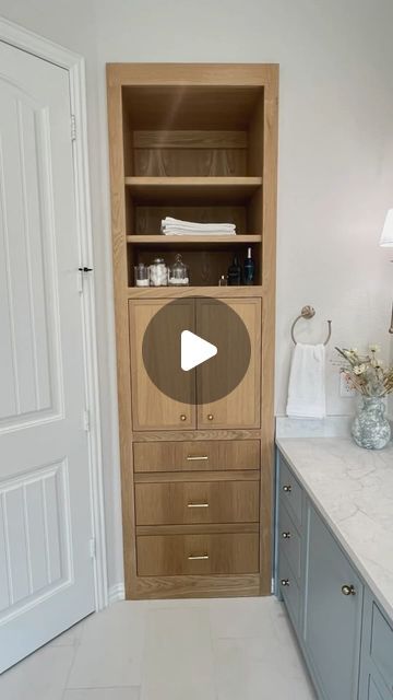 Monarch Style Co. on Instagram: "💛 YES please! We opted for a beautiful oak storage cabinet in this primary bath remodel! Nix the standard linen closet for this beauty meets function anytime! 

#dfwinteriordesign #homestyle #builtins #linencloset #beforeandafter #beforeandafterhomeedition #interiordesign #thisorthat #beautymeetsfunction" Floating Linen Cabinet In Bathroom, Bathroom Built In Linen Cabinet, Bathroom Built In Cabinet Wall Storage, Linen Closet In Bathroom, Bathroom Storage Closet, Closet In Bathroom, Oak Storage Cabinet, Bathroom Linen Closet, Linen Closets