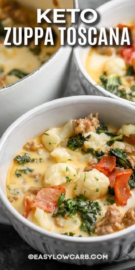 Keto Zuppa Toscana Soup is sure to be the new low-carb soup favorite. Loaded with tasty vegetables like cauliflower and kale, then finished with cream and bacon it's so satisfying and truly delish! #easylowcarb #ketozuppatoscana #ketozuppatoscanasoup #zuppatoscanaketo #soup #recipe #lowcarb #withcauliflower #souprecipes #easy #olivegarden Sausage Soup Recipes Keto, Zappa Toscana Soup Keto, Zupa Toscana Soup Keto, Zappa Toscana, Keto Zuppa Toscana, Keto Zuppa, Zuppa Toscana Soup Olive Garden, Garden Soup, Keto Soups