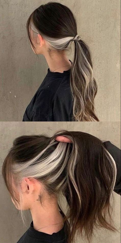 Brunette On Top Blonde Underneath, Dark Brown Blonde Underneath, Brunette Hair Blonde Underneath, Peekaboo Balayage For Dark Hair, Blonde Highlights Underneath Brown Hair, Bottom Hair Dyed Blonde, Dark Brown Hair With Blonde Pieces, Under Money Piece Hair, Dark Hair With White Money Piece