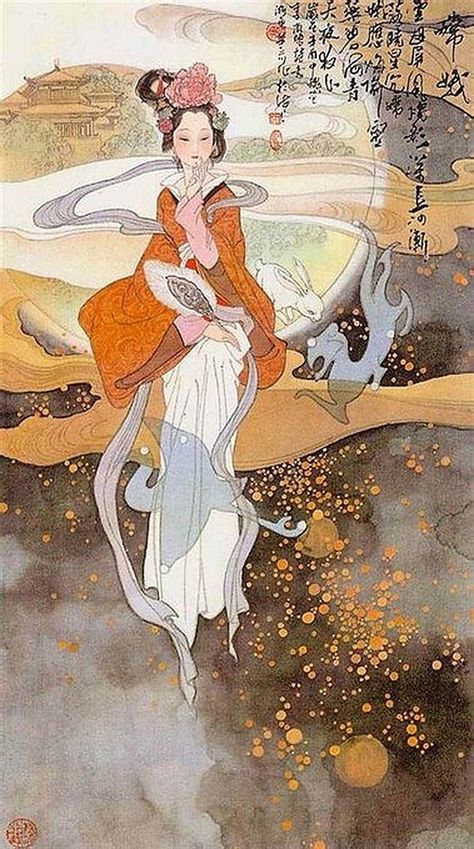 Chang E is a deity in ancient mythology living in the moon palace, accompanied by Jade Rabbit. Painted by artist Hua Sanchuan (华三川). Chang’e And Jade Rabbit, Ancient Chinese Illustration, Ancient Chinese Mythology, Chang Er Moon Goddess, Ancient Chinese Art Painting, Chinese Goddess Art, Hua Sanchuan, Chinese Ancient Art, Chinese Moon Goddess