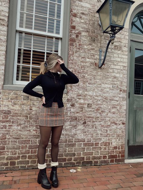 Fall Fits Dresses, Dresses With Stockings Outfit Fall, 12 Pubs Of Christmas Outfit, Fall Skirt And Dress Outfits, Post 16 Outfits, Brown Turtle Neck Outfits, Fall Outfits With Panty Hose, Womens Tights With Dresses, Brown Skirt Black Tights