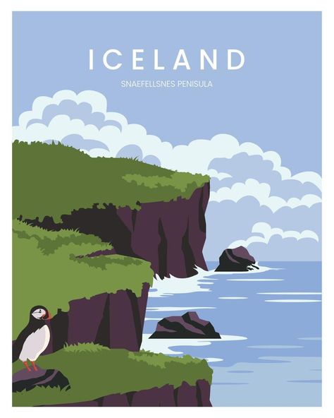 Snaefellsnes Peninsula Nature of Iceland vector illustration landscape background. vector illustration with minimalist style for poster, postcard. Scandinavian Illustration, Snaefellsnes Peninsula, Illustration Landscape, Posca Art, Landscape Background, Graphic Design Lessons, Travel Illustration, Iceland Travel, Square Canvas