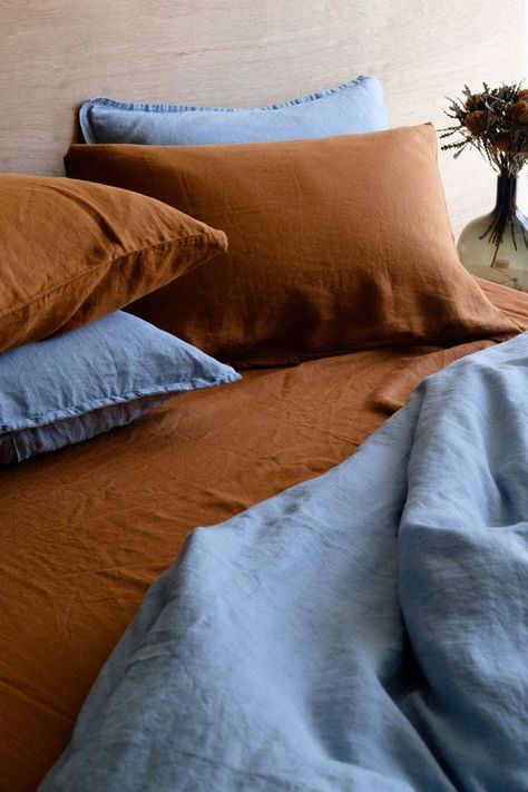 Orange And Blue Bed, Colorful Linen Bedding, Orange And Blue Bedding, Light Blue And Rust Bedroom, Brown And Blue Bedding, Blue And Orange Bedding, Contrast Bedding, Rust And Blue Bedroom, Terracotta And Blue Bedroom