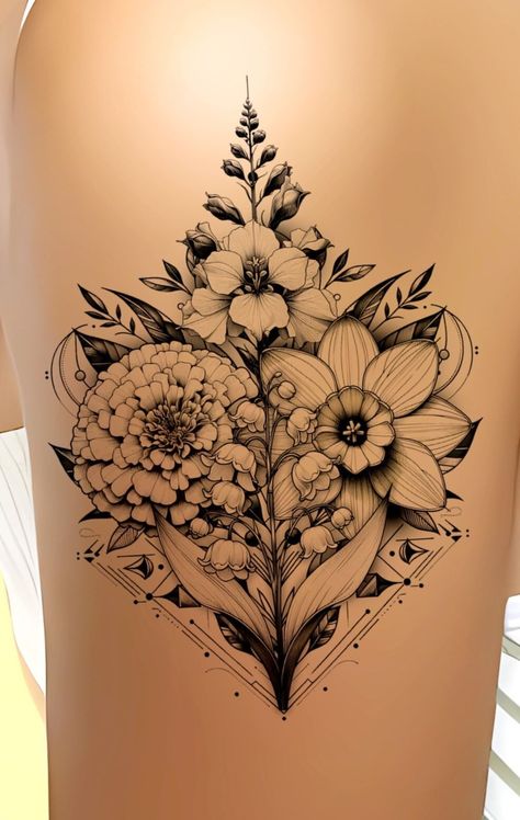 Marigold, jonquil, Larkspur & Lily of the Valley Birth Flower Tattoo - Birth Flower Tattoo,  on ArtStation at https://www.artstation.com/artwork/elKby6 Larkspur And Daisy Flower Tattoo, Rose And Marigold Tattoo, Jonquil Tattoo, Jonquil Flower Tattoo, Layla Tattoo, Marigold Tattoos, Colors And Meanings, Thigh Piece Tattoos, Marigold Tattoo