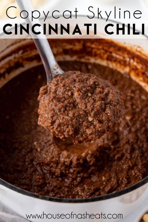 Thick, meaty, and comforting, Skyline Cincinnati Chili is big in Ohio. The flavorful meat sauce is served at "chili parlors" over a bed of spaghetti noodles or hot dogs. Top with chopped onions, kidney beans, mounds of finely grated cheddar cheese and oyster crackers for "the works", or just stick with the a simple 3-way of chili and cheese. #cincinnatichili #cincinnati #chili #meatsauce #spaghetti #skyline #goldstar #homemade #fromscratch #best #easy #slowcooker #instantpot #crockpot Ohio Chili Cincinnati Skyline, Skyline Chili Crockpot, Goldstar Chili Recipe, Chili Johns Recipe, Cinncinati Chili Recipe Cincinnati, Cincinnati Chili Crockpot, Cinncinati Chili Recipe, Copycat Skyline Chili Recipe, Cincinatti Chili