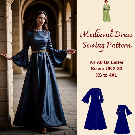 Medieval Dress Sewing pattern available as an instant download (pdf) sewing pattern bundle with a range of size options: US Sizes: 2, 4, 6, 8, 10, 12, 14, 16, 18, 20, 22, 24, 26, 28, 30 Standard Sizes: XS, S, M, L, XL, 2XL, 3XL, 4XL These patterns are suitable for A4, A0, and US Letter size papers. As soon as your payment is processed, you will automatically receive download links for the pattern files. *PLEASE NOTE that you will only be able to download the files from a computer; they will not work on a phone or iPad.* This is a digital product and not a finished item. You will receive zip files containing the patterns and sewing instructions. If you have any questions, do no hesitate to contact! Fantasy Dress Pattern Free, Celtic Dress Pattern, Elven Dress Pattern, Medieval Dress Pattern Free, Medieval Dress Sewing Pattern, Gothic Dress Pattern, Celtic Otherworld, Medieval Clothing Women, Elvish Dress