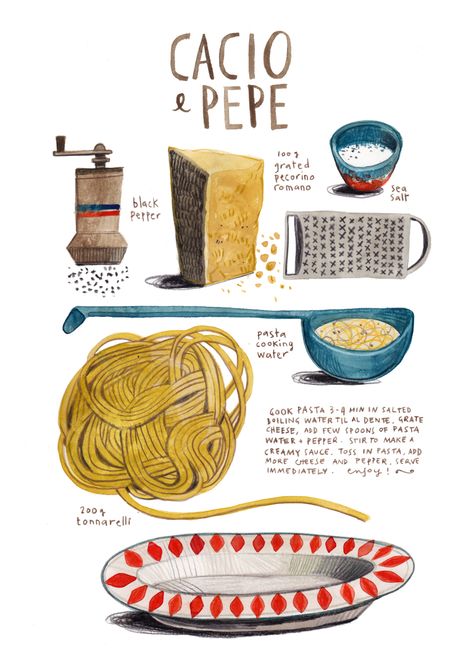 felicita sala illustration: illustrated recipes: cacio e pepe Felicita Sala Illustration Food, Illustrated Food Recipes, They Draw And Cook, Pasta Recipe Illustration, Illustrated Recipes Drawings, Watercolor Recipe Illustration, Felicita Sala Illustration, Recipe Book Illustration, Food Recipes Illustration