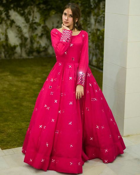 Mirror Work Gown Design, Mirror Work Gown, Silk Anarkali Gown, Ethnic Gown, Long Frock, Frock For Women, Pakistani Wedding Outfits, Pakistani Fashion Party Wear, Heavy Work