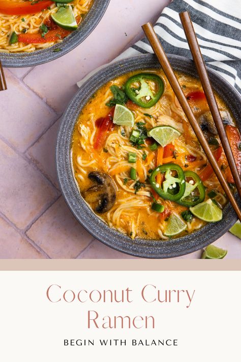 This coconut curry ramen is an easy recipe that is packed with tons of flavor. It features a savory red curry coconut broth and is a one-pot meal that comes together in less than 30 minutes! Thai Curry Ramen, 1 Pot Meals, Curry Ramen Noodles, Coconut Curry Ramen, Dinner Ramen, Gluten Free Ramen Noodles, Ramen Noodle Recipes Soup, Gluten Free Ramen, Coconut Broth