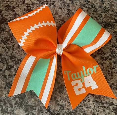 Custom softball bow in your team colors. Softball laces on upper loop with any text or number on tail. PRIMARY color is ribbon color Softball Hair Bows, Softball Hair, Softball Bow, Softball Bows, Cheer Hair Bows, Softball Hairstyles, Custom Softball, Cheer Hair, Bow Bow