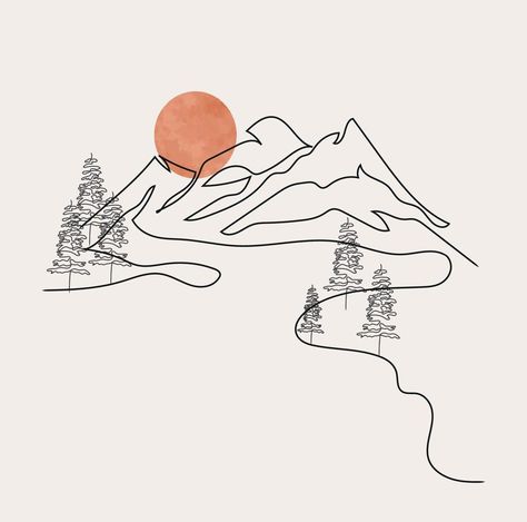 Minimalist Mountain Line Art, Landscape Outline Drawing, Sport Illustration, Vector Design, Nature, Pine Tree, Woods, Sunrise, Sunset, Beautiful View, Forest Landscape Outline, Line Art Landscape, Mountain Line Art, Mountain Outline, Forest Logo, Minimalist Mountain, Sunset Tattoos, Forest Drawing, Mountain Drawing