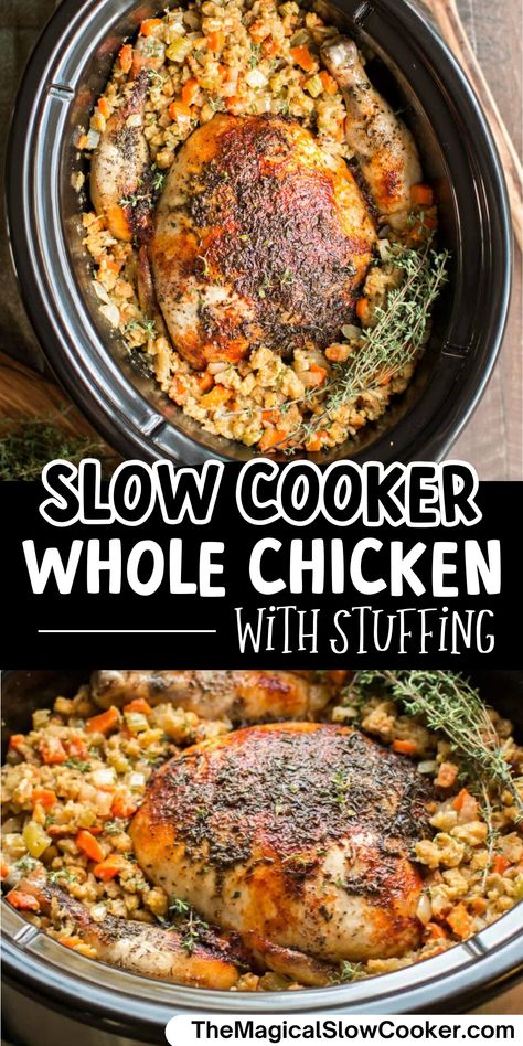 Whole Chicken With Stuffing, Slow Cooker Chicken Whole, Chicken Carrots Recipe, Whole Chicken Soup, Chicken With Stuffing, Crockpot Whole Chicken Recipes, Slow Cooker Whole Chicken, Stovetop Stuffing, Magical Slow Cooker