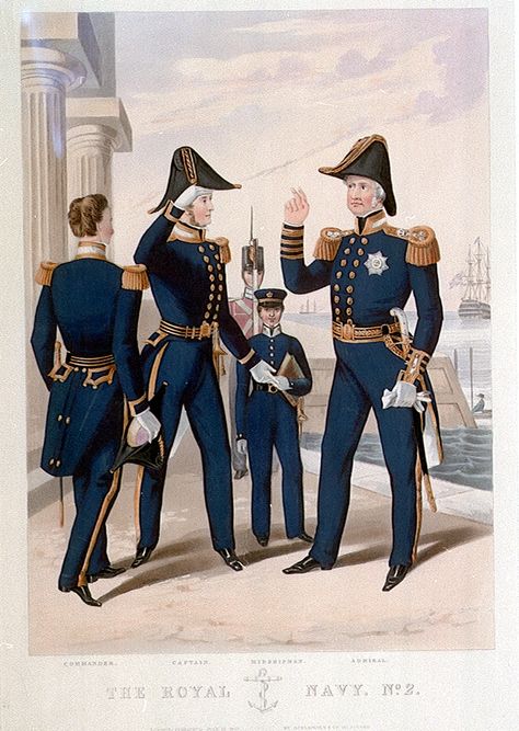 1848 The Royal Navy. No 2. Commander. Captain. Midshipman. Admiral. (uniform) - National Maritime Museum Royal Navy Aesthetic, British Navy Uniform, Royal Navy Uniform, Air Genasi, Navy Aesthetic, Engagement Dress For Groom, Red Coats, Navy Admiral, 1830s Fashion