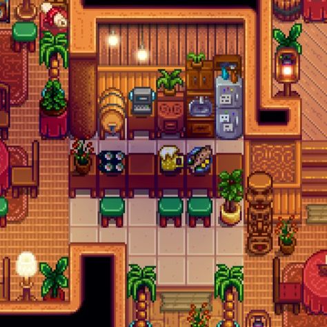 stardew valley island farmhouse design Stardew Valley Island Farmhouse, Stardew Ginger Island Farmhouse, Stardew Valley Spa Design, Stardew Valley Ginger Island House Design, Stardew Valley Farm Layout Beach Aesthetic, Stardew Valley Ginger Island Farmhouse, Aesthetic Stardew Valley House, Ginger Island House Layout, Stardew Valley House Interior Ginger Island