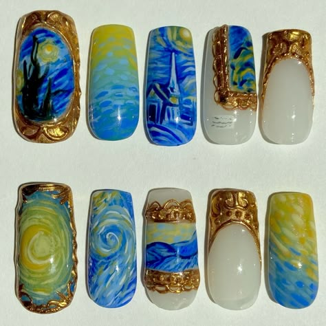 Van Gogh Inspired Nail Art, Starry Night Nails Van Gogh, Hand Paint Nail Art, Van Gogh Inspired Nails, Starry Night Nail Art, Van Gogh Nail Art, Nails Starry Night, Van Gogh Nails, Starry Night Nails