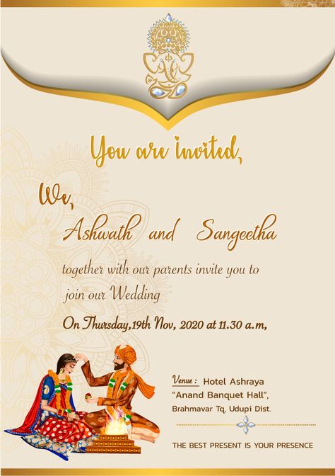 IndianweddingInvitation #HinduweddingInvitation Indian Weeding Inventions Cards, Wedding Card Writing, Shaadi Card, Engagement Invitation Card Design, Simple Wedding Invitation Card, Wedding Card Wordings, Indian Invitation, Wedding Invitation Posters, Mehendi Function