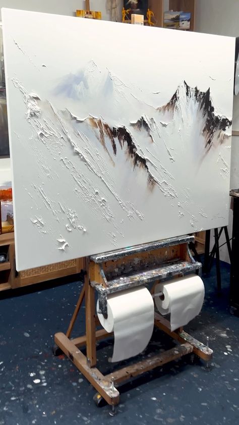 In a world of hustle and bustle, I’ve found m haven and peace in the silence of snowy mountains. #mountains #mountainslovers #mountainart… | Instagram Art Mountains Paint, Mountain Abstract Art, Oil Painting Mountains, Tranquil Artwork, Snowy Mountain Landscape, Mountain Oil Painting, Abstract Mountains, Mountain Painting, Apartment Art