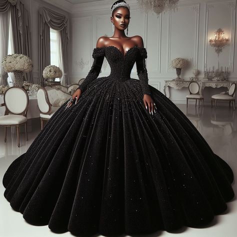 Black Puffy Wedding Dress, How To Make A Ball Gown Skirt, Black Ball Gown Elegant, Ballroom Dress Gowns, Black Ball Gown Wedding Dress, Puffy Gown, Different Prom Dresses, Black Ballroom Dress, Black Ball Dress