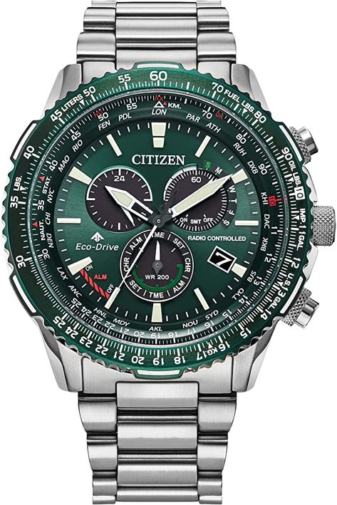 This watch is just stunning! Mens Chronograph, Citizen Watch, Pilot Watch, Citizen Eco, Eco Drive, Perpetual Calendar, Stainless Steel Band, Green Crystals, Radio Control