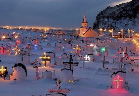 christopher scangas on Instagram: “Illuminated gravestones at a cemetery in Hafnarfjörður, Iceland” Dreamcore Weirdcore, Weird Dreams, Arte Inspo, Mug Design, Winter Aesthetic, Graveyard, Neon Lighting, Pretty Pictures, Cemetery