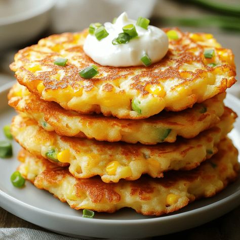 Enjoy quick and easy corn fritters with fresh ingredients. Perfect for a snack or appetizer, these fritters are deliciously crispy! Corn Fritters With Jiffy, Jiffy Mix Corn Fritters Easy, Creamed Corn Fritters Recipe, Corn Fritters Easy, Thai Corn Fritters, Cream Corn Fritters, Corn Fritters Recipe, Corn Fritter Recipes, Jiffy Mix