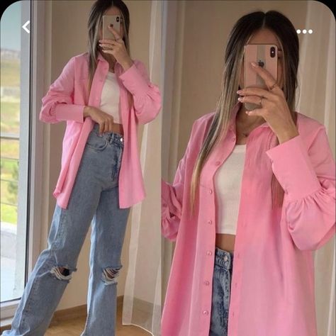 Pinterest inspired shirt Pink Shirt Outfit, Look Rose, Casual College Outfits, Casual Day Outfits, Causual Outfits, Casual Chic Outfit, Teenage Fashion Outfits, Outfits Casual, Colourful Outfits