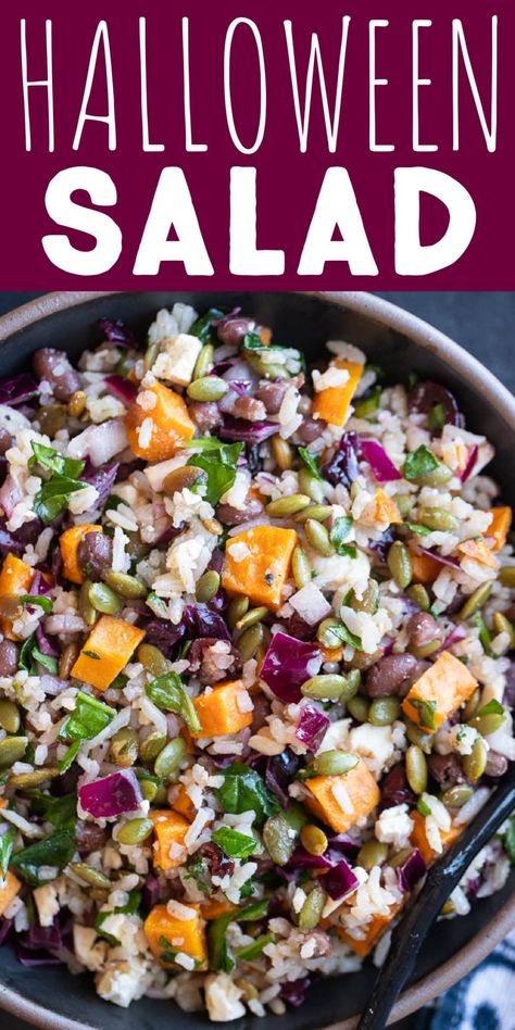 If you're looking for a healthy, savory option to celebrate Halloween with this year, you've got to make my Halloween Salad with Rice and Veggies! It's made using Halloween colored ingredients and tossed with a fall flavored apple cider vinegar dressing. Serve as a side dish at your halloween party or bring for healthy and filling work lunches throughout the week. #halloweensalad #ricesalad #worklunch #mealprep #vegetarian #glutenfree Halloween Salads Ideas, Halloween Salads Spooky, Halloween Salad Ideas, Halloween Salads, Halloween Fruit Salad, Halloween Pasta Salad, Halloween Salad, Apple Cider Vinegar Dressing, Salad With Rice