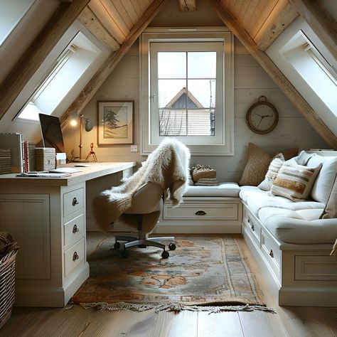 Home Office Ideas Attic, Tiny Office With Window, Angled Ceiling Craft Room, Loft Spaces Upstairs Office, Attic Lounge Room, Attic Homeschool Room, Attic Art Room, Dream Sewing Room Inspiration, Cozy Attic Office