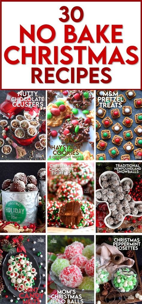 Time seems to pass by much more quickly at Christmastime, so I put together this list of 30 No Bake Christmas Recipes to make preparing your holiday treats a little easier! Save time in the kitchen with some of the best-tasting festive recipes to share with your family and friends this season! #nobake #holiday #christmas #recipes No Bake Christmas Recipes, No Bake Christmas, Bake Christmas, Christmas Cookie Recipes Holiday, Christmas Baking Cookies, Christmas Sweet Treats, Festive Recipes, Easy Christmas Treats, Xmas Treats