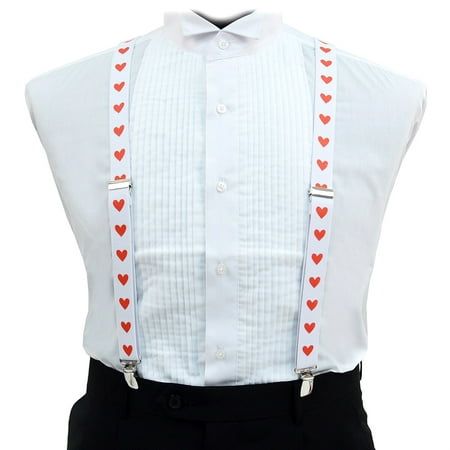 Stylish White with Red Hearts Men's Suspenders Fun suspenders with hearts to spice up a date wether it is an anniversay or Valentine's day or even a black tie affair just for fun. A conversation piece and a show stopper for sure. Clip-on Suspenders 1" wide and up to 47" long (extendable) metal clip fastening Material : 100% Polyester Imported Size: one size.  Gender: male.  Age Group: adult. Men's Suspenders, Suspenders Men, Black Tie Affair, The Heart Of Man, Red Hearts, Just For Fun, Suspenders, Conversation Piece, Black Tie