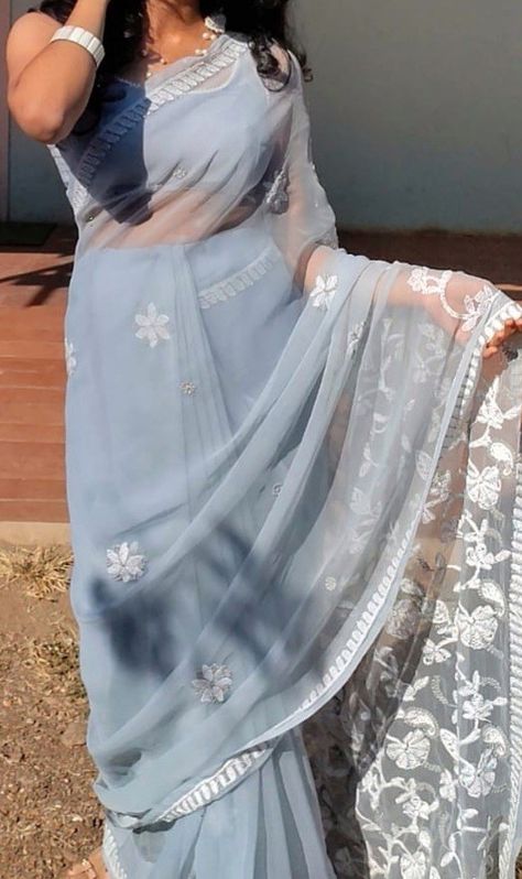 Light Blue Saree Aesthetic, Pastel Colour Saree For Farewell, Blue Saree Aesthetic, Grad Saree, Farewell Aesthetic, Light Blue Saree, Diwali Poses, Farewell Saree, Farewell Sarees