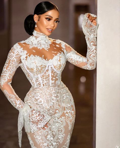 Reception Dress Black Women, High Neck Mermaid Wedding Dress, Luxe Wedding Dress, Glam Wedding Dress, Classy Wedding Dress, Fancy Wedding, Stylish Wedding Dresses, Fancy Wedding Dresses, Long Sleeve Wedding Dress Lace